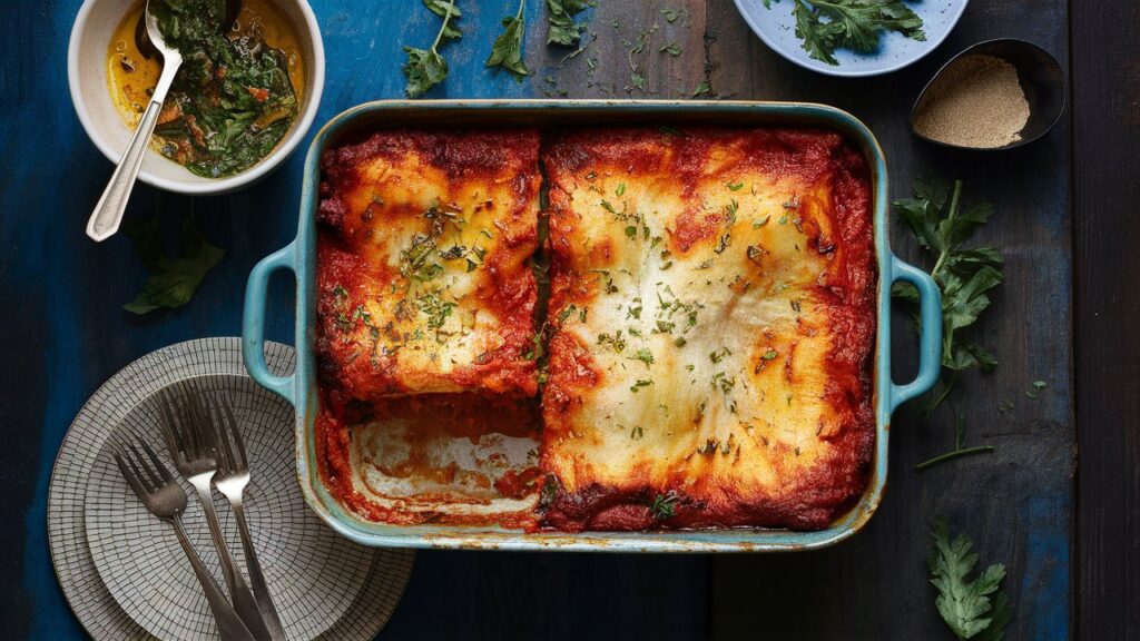 "Layered San Giorgio lasagna in a baking dish, showing the rich layers of pasta, cheese, and sauce.