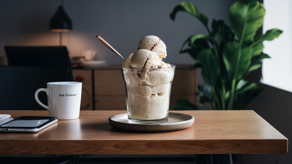 Ninja Creami machine creating creamy vanilla ice cream in a kitchen setting, with ingredients displayed