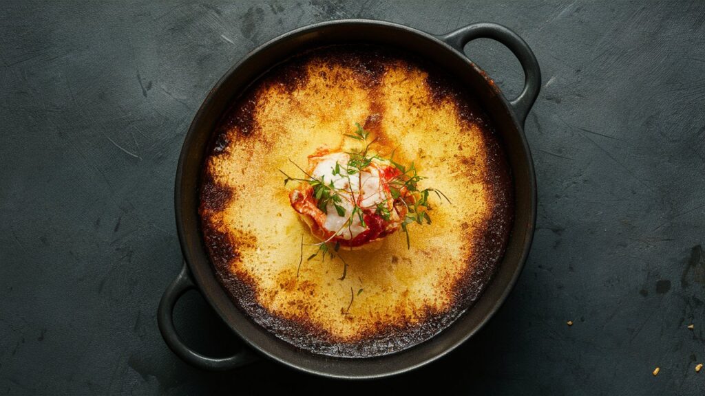 A freshly prepared Crab Brulee in a ceramic ramekin with a caramelized sugar top, garnished with a sprig of mint and edible flowers, served on an elegant dining table