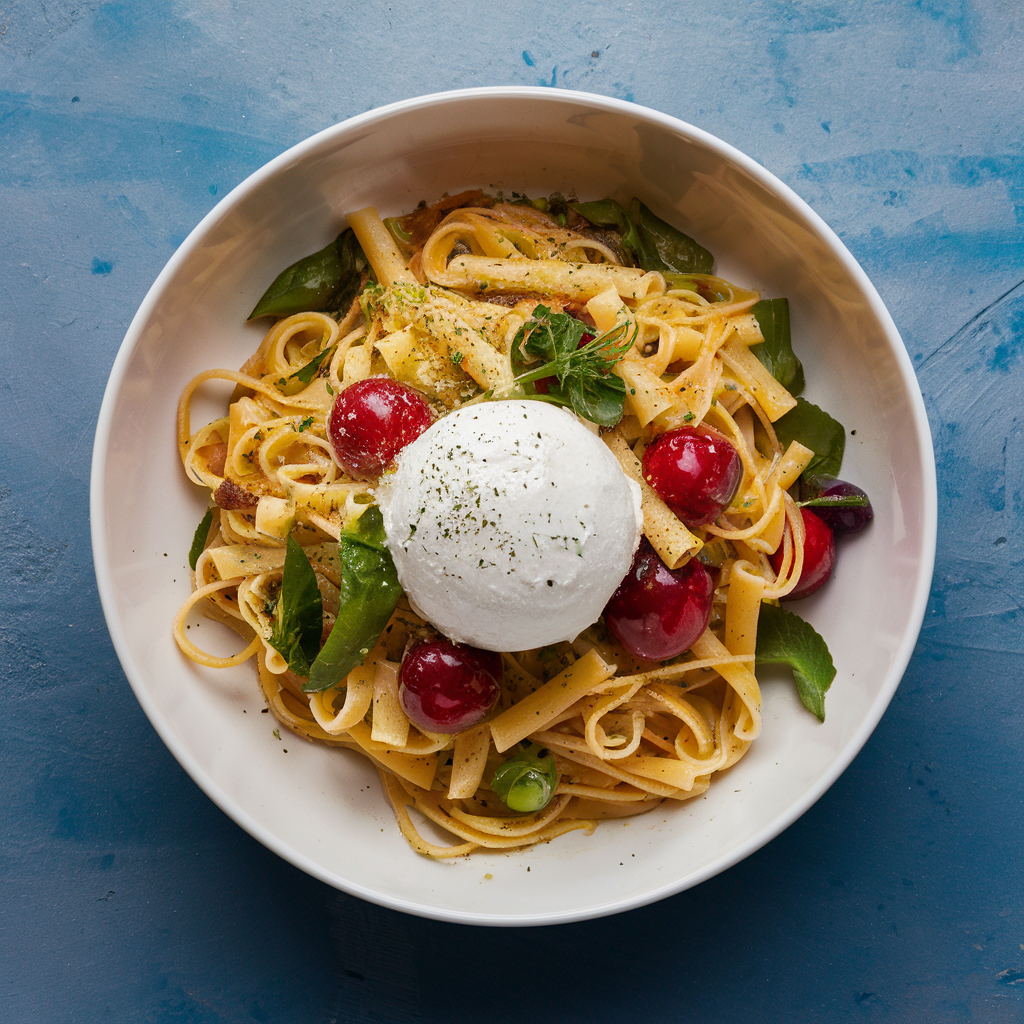 An inviting plate of burrata pasta garnished with fresh basil and cherry tomatoes, served on a rustic table.