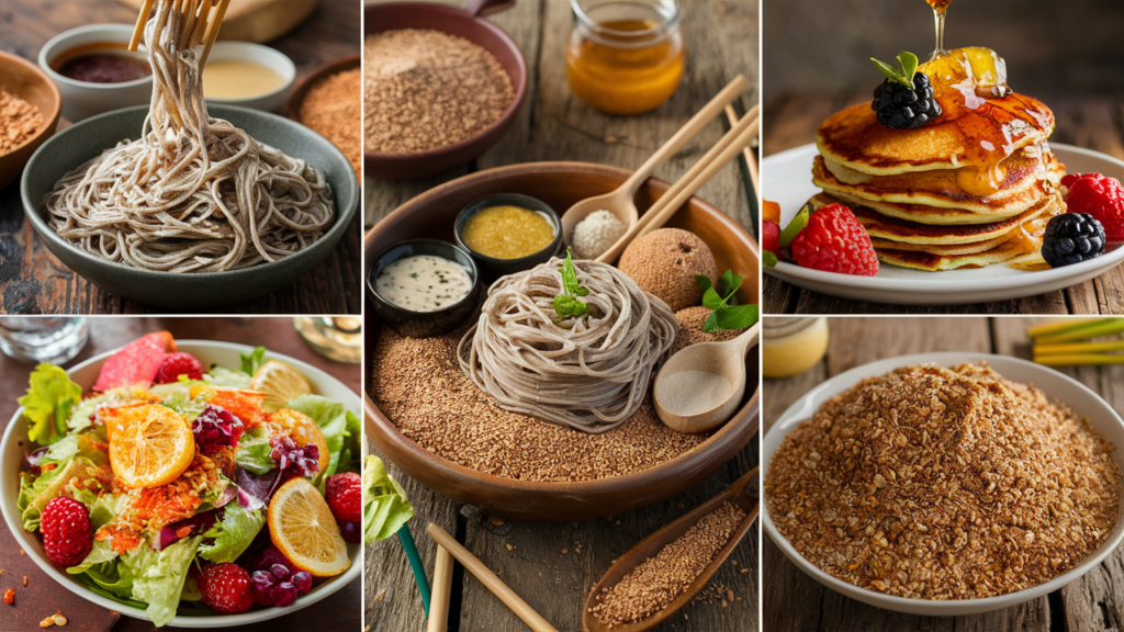 A selection of dishes prepared with buckwheat flour including bread, cookies, and pancakes, served on a rustic kitchen table.