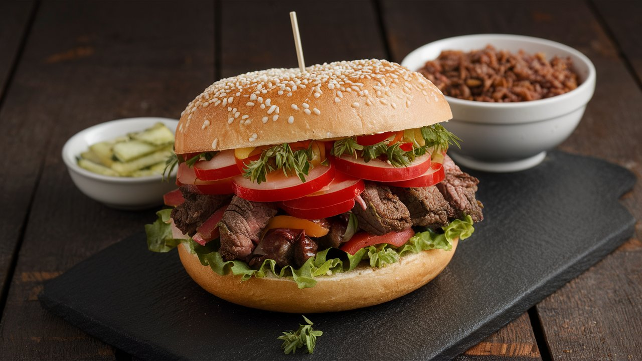 Grilled tri tip sandwich with lettuce, tomato, and sauce on a wooden cutting board