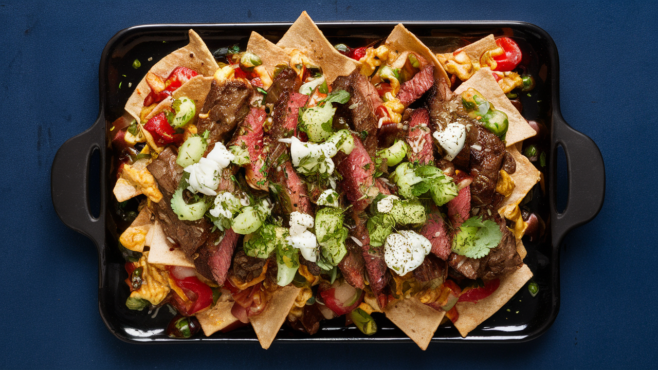 A freshly baked tray of steak nachos with vibrant toppings including cheese, jalapeños, and cilantro, ready to be served