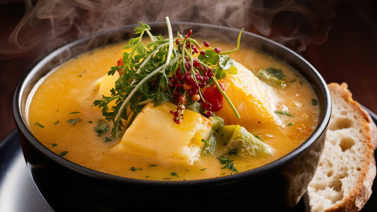 Steaming bowl of cheese ale soup garnished with fresh herbs and a side of crusty bread, perfect for a cozy meal