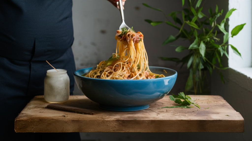 A table set with various dishes of smoked sausage and pasta, featuring penne, rigatoni, and fusilli in rich sauces