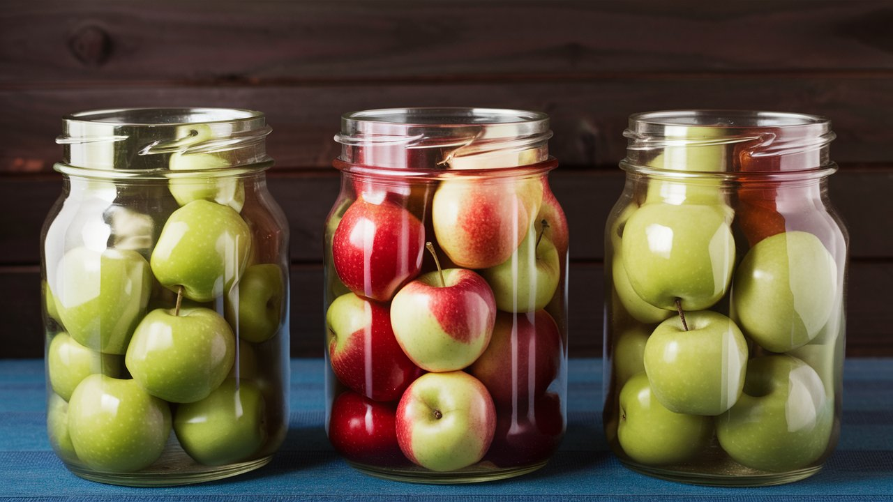 Jar of homemade apple pie filling surrounded by fresh apples and canning tools on a rustic kitchen table.