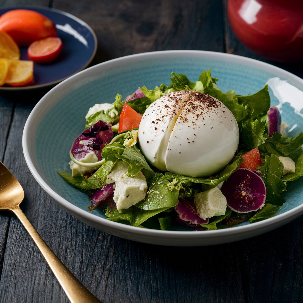 "A beautifully arranged burrata salad with spring mix, sliced figs, and walnuts, drizzled with a homemade vinaigrette."