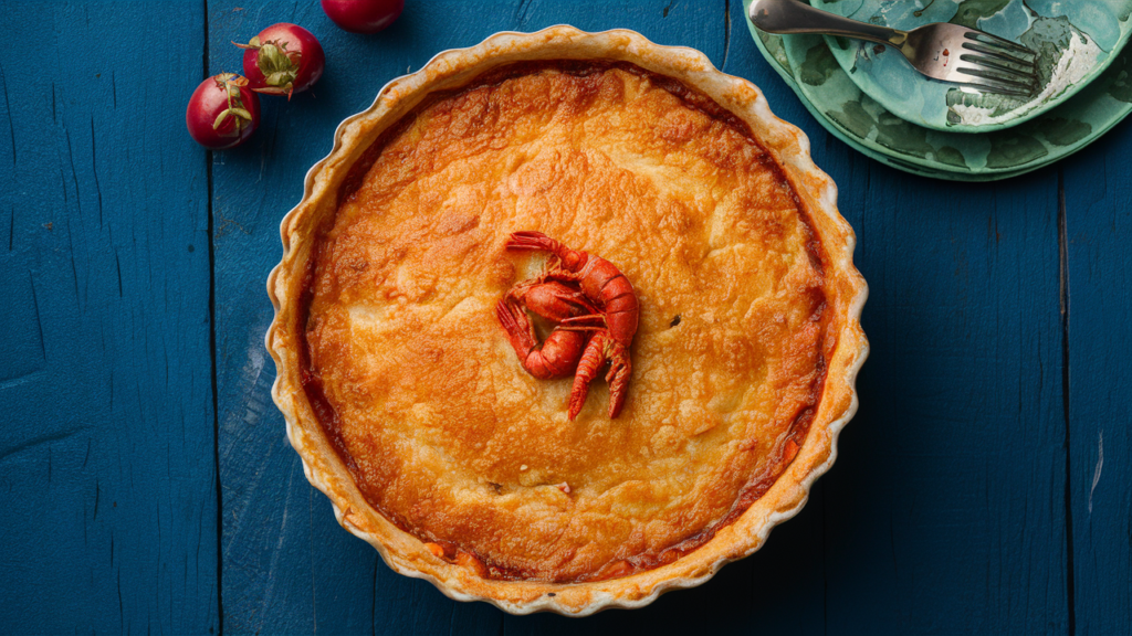 "Delicious homemade crawfish pie on a rustic table, garnished with fresh herbs, representing traditional Louisiana cuisine."




