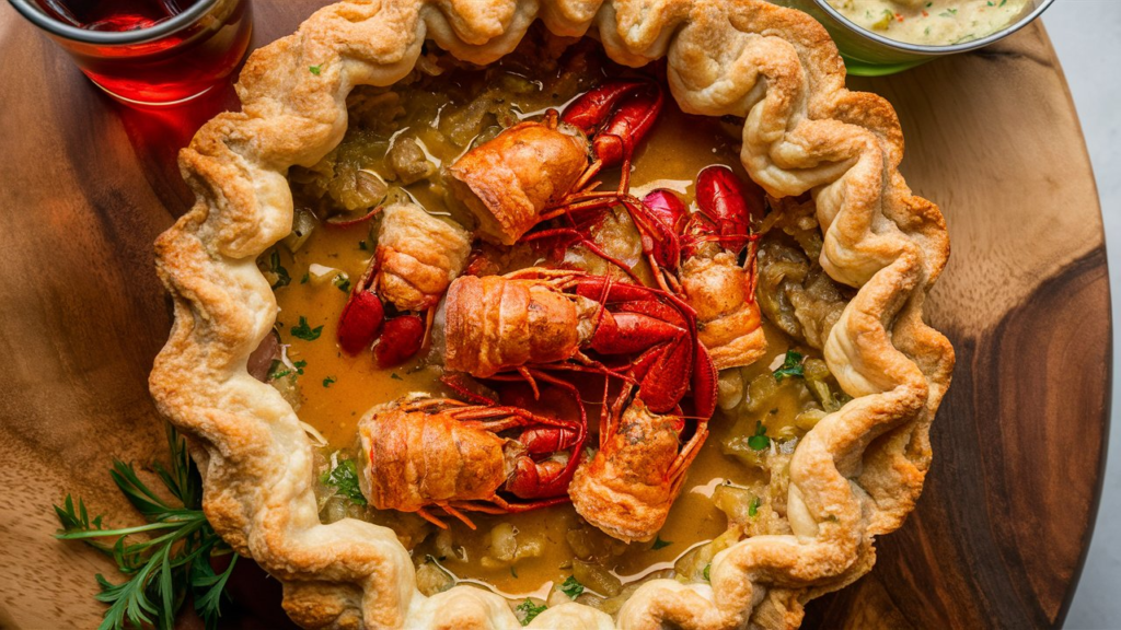 "Delicious homemade crawfish pie on a rustic table, garnished with fresh herbs, representing traditional Louisiana cuisine."

